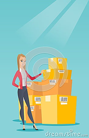 Business woman checking boxes in warehouse. Vector Illustration