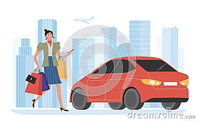 Business woman in cityscape, cartoon busy office worker employee character runs to red car vehicle Vector Illustration