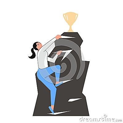 Business woman climbs to the top of the mountain for the prize. Vector Illustration