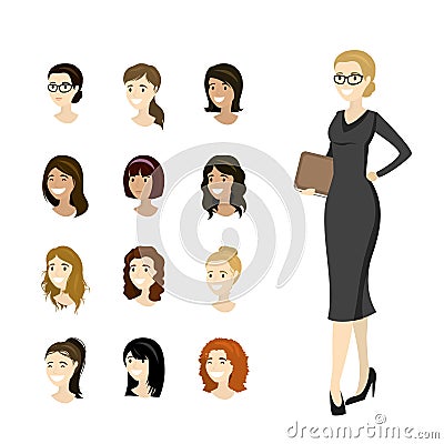 Business woman and collection of European female heads, Vector Illustration