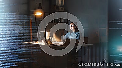 Business woman, computer or coding in night office for digital marketing web design, 3d database programming or digital Stock Photo
