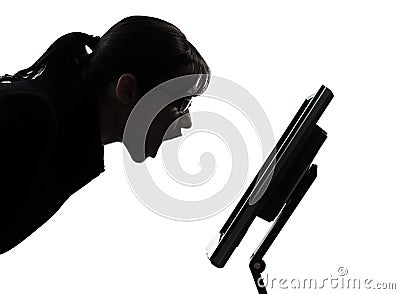 Business woman computer computing screaming angry silhouette Stock Photo