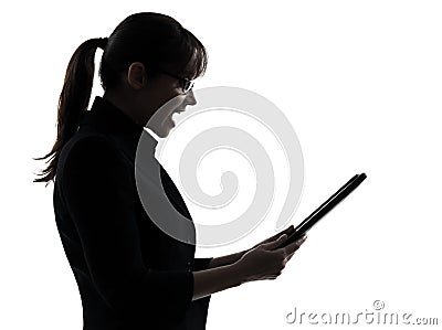 Business woman computer surprised computing digital tablet silh Stock Photo