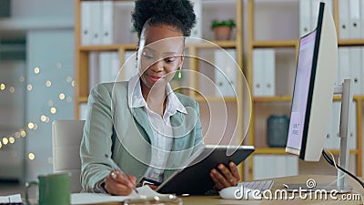 Business woman, computer and writing with tablet in office, planning and thinking with smile for strategy. African Stock Photo