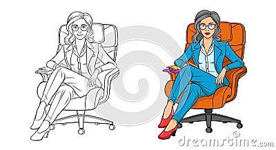Business woman confidently sitting in office chair with smiling face and looking at viewer. Stock Photo