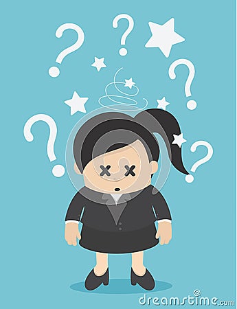 Business woman confused and marked with many question mark Vector Illustration