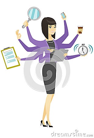 Business woman coping with multitasking. Vector Illustration