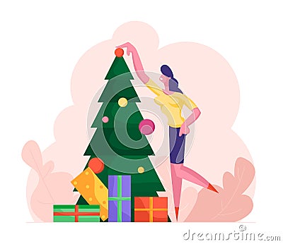 Business Woman Decorating Christmas Tree with Many Gifts and Put Ball on Top. Girl Character Preparing for New Year Vector Illustration