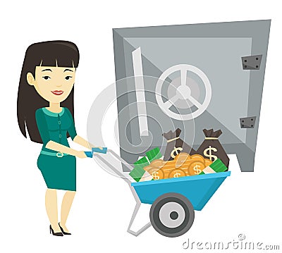 Business woman depositing money in bank in safe. Vector Illustration