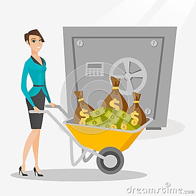 Business woman depositing money in bank in safe. Vector Illustration