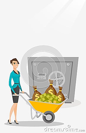 Business woman depositing money in bank in safe. Vector Illustration