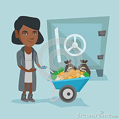 Business woman depositing money in bank safe. Vector Illustration