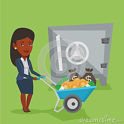Business woman depositing money in bank in safe. Vector Illustration
