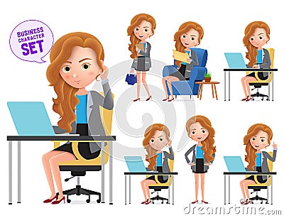 Business woman in desk vector characters set. Businesswoman office manager character. Vector Illustration