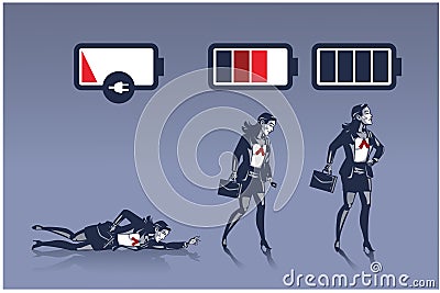 Business Woman with Different Energy Levels Pictured in Battery above Them Vector Illustration