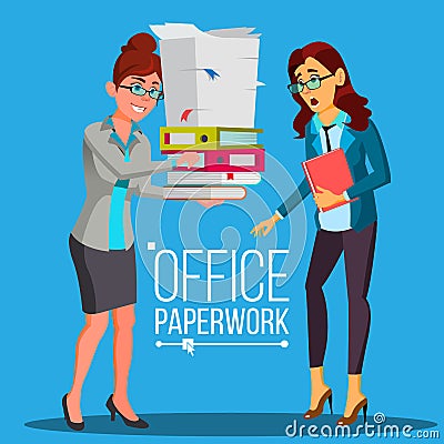 Business Woman Doing Paperwork Vector. Office Worker. Very Busy Day. To Excessive Work. Accounting Bureaucracy Vector Illustration