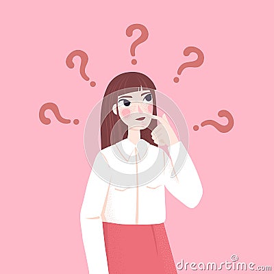 Business woman doubt. Girl think about question. Person thought, wonder idea or creative solve. Problem solution find Vector Illustration