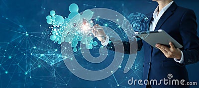 Business woman drawing abstract 3D networking global structure and data exchanges customer connection on cyberspace, innovative Stock Photo