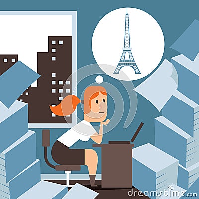 Business woman dreams about relax vacation in Europe and eiffel tower at work sitting on office chair vector Vector Illustration