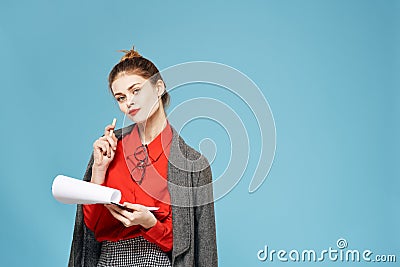 Business woman in elegant style suit Professional manager blue background Stock Photo