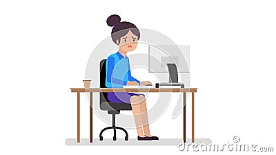 Business Woman feeling tired working.Young woman suffering stress working.Cartoon Business woman working on laptop at her office Vector Illustration