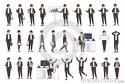 Business woman or female office worker dressed in smart clothing in different postures, moods, situations and expressing Vector Illustration