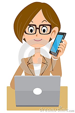 Business woman female phone smart phone personal computer glasses Vector Illustration
