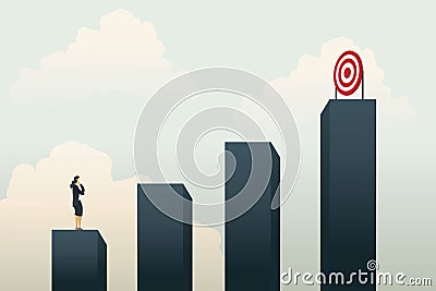 Business woman figured out how to get to the goal on the top of the graph Vector Illustration