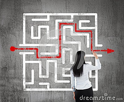 Business woman finding the solution of a maze. Stock Photo