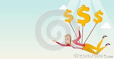 Business woman flying with dollar signs. Vector Illustration