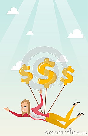 Business woman flying with dollar signs. Vector Illustration