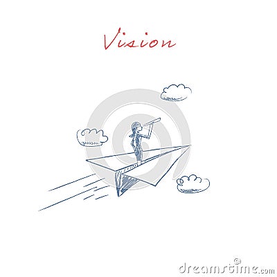 Business woman flying on a paper plane looking ahead through monoscope or telescope. Symbol of business vision Vector Illustration