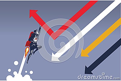 Business Woman Flying with Rocket Changing Direction of Falling Arrow Vector Illustration