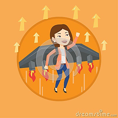 Business woman flying on the rocket to success. Vector Illustration