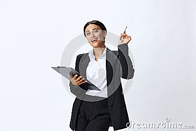 Business woman folder with documents in black business suit shows signals gestures and emotions on white background Stock Photo