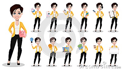 Business woman, freelancer, banker. Beautiful lady in casual clothes, set of thirteen poses. Vector Illustration