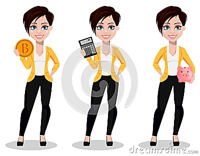 Business woman, freelancer, banker. Beautiful lady in casual clothes Vector Illustration