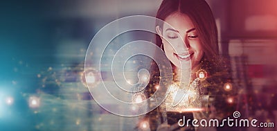 Business woman, future overlay and phone cryptocurrency data at night with cybersecurity light. Digital, happy employee Stock Photo