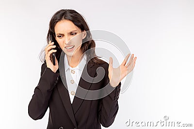 Business woman gets disagrees, angry, unsatisfied and unhappy her customer or boss. White collar worker talking with her customer, Stock Photo