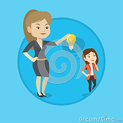 Business woman giving idea bulb to her partner. Vector Illustration