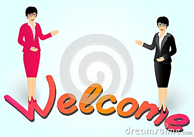Business woman with glasses invites to enter and shows hands welcome Vector Illustration