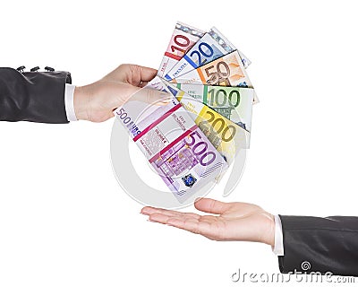 Business woman hand in black office suit with euro banknotes packages as fantail give money to empty hand. Stacks of tens, twentys Stock Photo