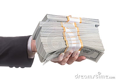 Business woman hand in black office suit with packages of dollar banknotes isolated on white background. Banking, winnings, profit Stock Photo