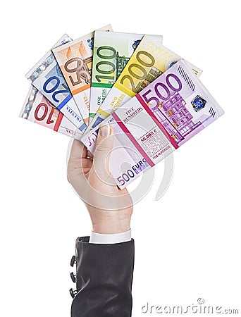 Business woman hand in black office suit with packages of euro banknotes as fantail. Stacks of tens, twentys, fiftys, one, two, Stock Photo