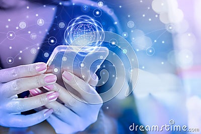 Business woman hand connecting with smart phone using internet for social media Stock Photo