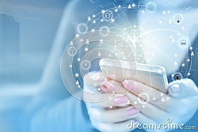 Business woman hand connecting with smart phone using internet Stock Photo