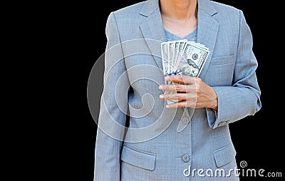 Business woman hand holding American dollar Currency on Stock Photo