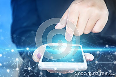 Business woman hand touching screen of smart phone ,technology abstract connection Stock Photo