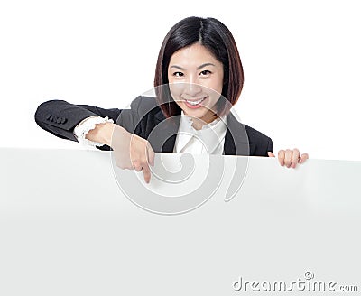 Business woman happy showing blank billboard Stock Photo