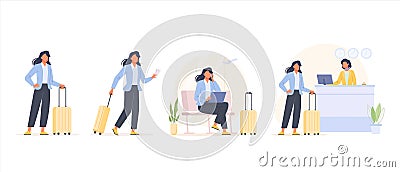 Business woman having a business trip set. Flat vector Cartoon Illustration